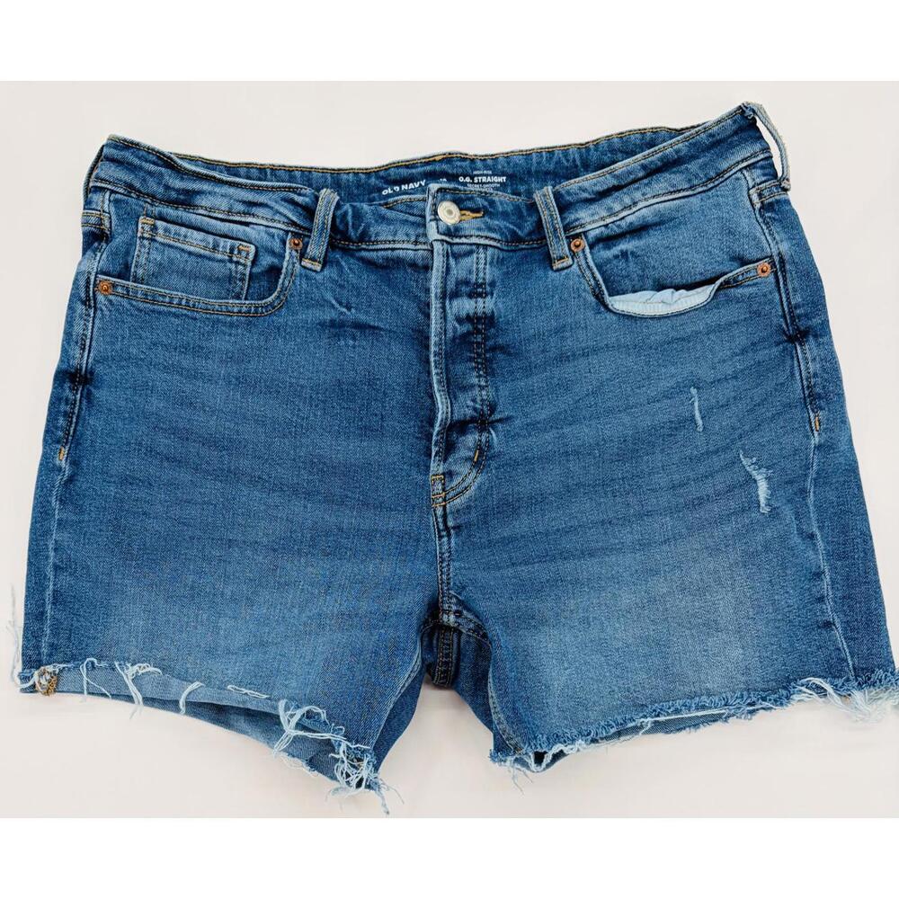 High-Rise O.G. Straight Denim Shorts Size 16 Blue Distressed